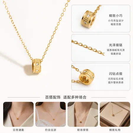 A golden cylindrical small diamond pendant necklace with a white card attached to a transparent bag A golden cylindrical small diamond pendant necklace with a white card attached to a transparent bag